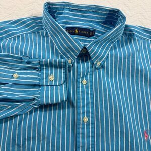 Ralph Lauren 3XB Big Blue White Stripe Buttoned Long Sleeve Shirt Mens Pink Pony